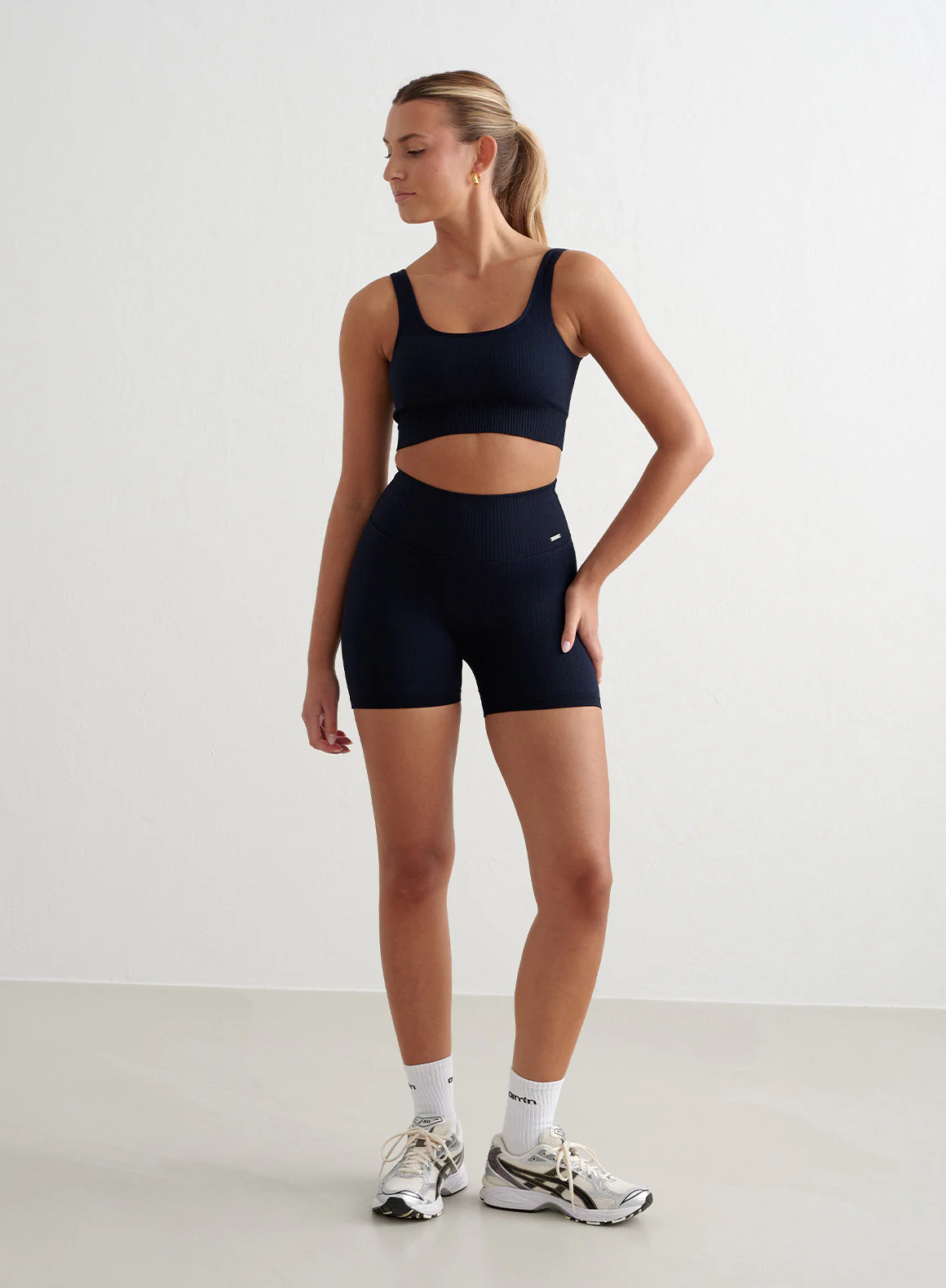 Navy Ribbed Midi Biker Shorts - Image 2